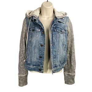 Free People Denim Trucker Jacket with Hoodie Knit Sleeves Light Wash XS Boho